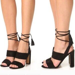 Madewell Octavia black leather sandal heels tassel ties 8